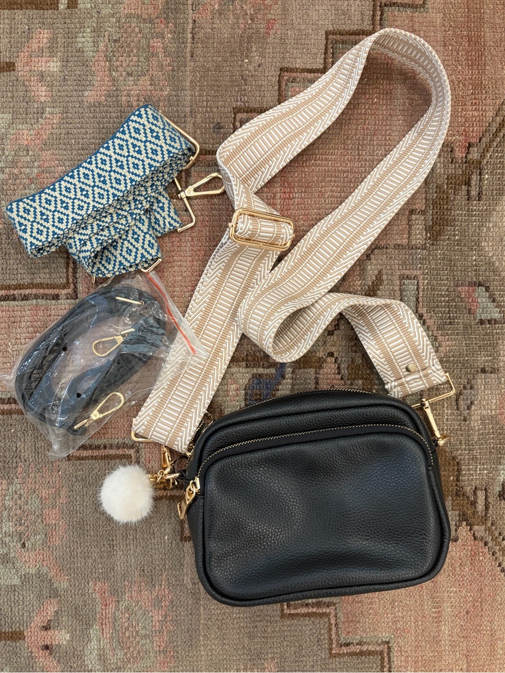 Pom Pom London Mayfair Crossbody Bag in Black Leather / includes 3 straps!